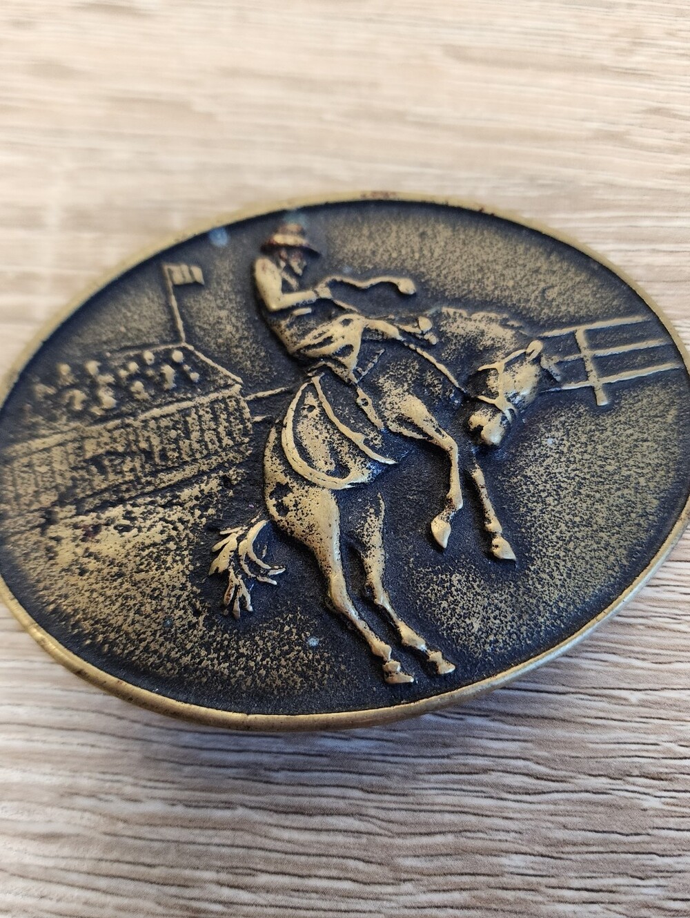 VINTAGE Solid Brass Bronc Riding Cowboy Rodeo Belt Buckle USA